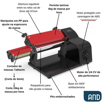 Cilindro Laminador Elétrico 28cm Cortador Talharim Preto 127V - Anodilar