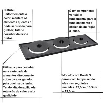 Chapa Ferro Fundido 3 bocas para Fogão a lenha Ref11649