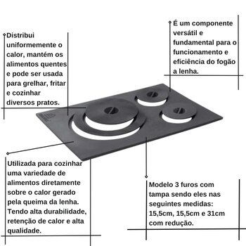 Chapa Ferro Fundido 3 bocas para Fogão a lenha Tipo Sul